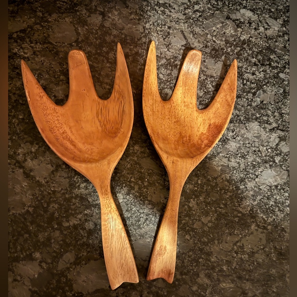 Mid Century Danish Modern Teak Salad Fork Hands Serving Utensils